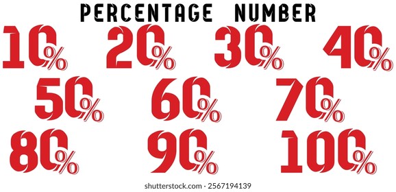 Percentage number set. shopping discount numbers with 10, 20, 30, 40, 50, 60, 70, 80, 90, 100 percent off. vector isolated on transparent background
