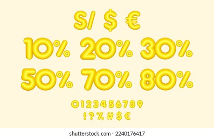 percentage number signs with 3d effect in yellow color, discounts, offer, dollar, euro, soles. 10%, 20%, 30%, 50%, 70%, 80%. 