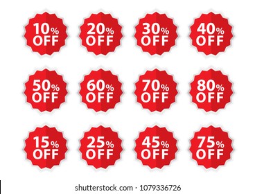  Percentage Off stickers, Sale Tags, Red Sale template, Labels, Discount, icon vector illustration