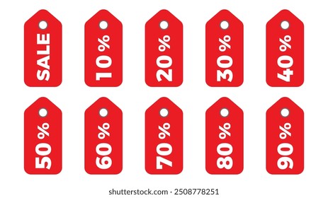 Prozentualer Anteil an Aufklebern, rote Verkaufsetiketten. Sammlung von Rabattmarken, Vektorgrafik 