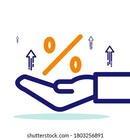 Percentage on hand line icon. Interest rate financial and mortgage rates. Compound interest rate calculation. Risk management and managing investment.