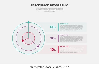 percentage or percent infographic outline style with 3 point template with outline circle with line separation and transparent box container stacked for slide presentation vector