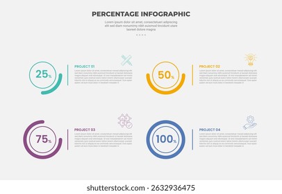 estilo de estrutura de tópicos de infográfico de porcentagem ou porcentagem com modelo de 4 pontos com progresso ou círculo de estrutura de tópicos de processo de etapa para vetor de apresentação de slide