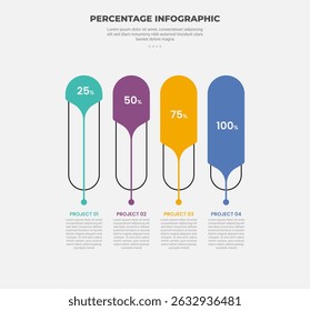 percentage or percent infographic outline style with 4 point template with vertical standing round rectangle with creative liquid shape for slide presentation vector