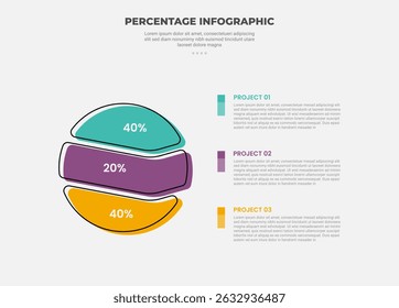 percentage or percent infographic outline style with 3 point template with big circle slice horizontal line cut for slide presentation vector
