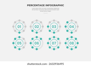percentage or percent infographic outline style with 8 point template with small dot circle show progress on big circle for slide presentation vector