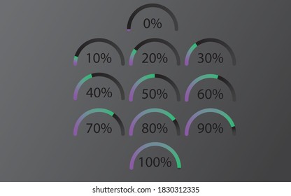 Percentage pie chart diagram set. Progress, loading and countdown circle symbol from 1 to 100 percent, for banner, brochure, or website. Infographic or Business Design elements. Colorful Illustration