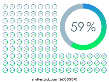 Percentage Pie chart set. From 1 to 100 percent diagram. Circle progress bar for Ui, web and graphic design. Vector illustration.