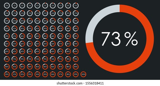 Percentage pie chart set. Circle diagram graph. From 1 to 100 percent progress. UI graphic icons for loading or download. Vector illustration.