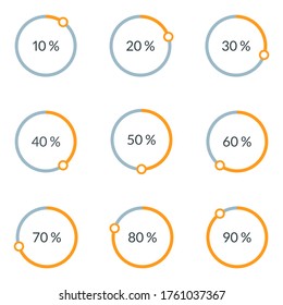 Percentage pie chart set. Circle percent diagram or chart with progress bar. Infographic design template for business process, data statistic, web loading process. Vector illustration.