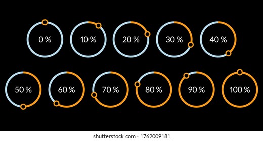 Percentage pie chart set. Circle percent diagram or chart with progress bar. Infographic design template for business process, data statistic, web loading process. Vector illustration.