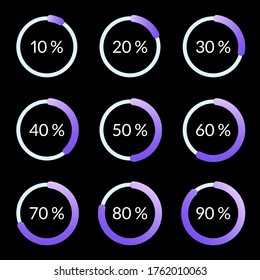 Percentage pie chart set. Circle percent diagram or chart with progress bar. Infographic design template for business process, data statistic, web loading process. Vector illustration.