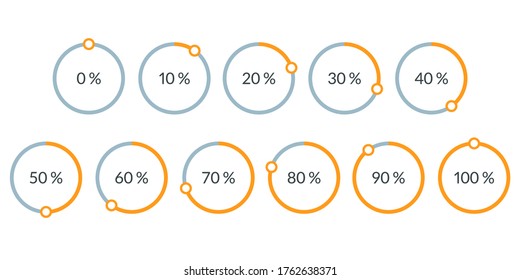 Percentage pie chart set. Circle percent diagram or chart with progress bar. Infographic design template for business process, data statistic, web loading process. Vector illustration.