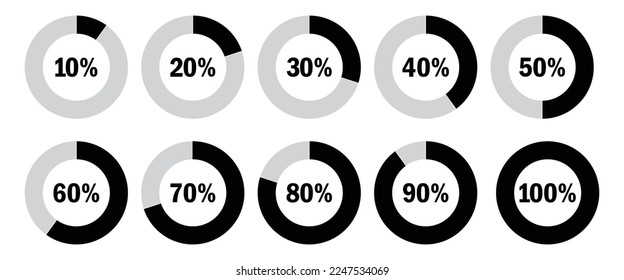 Percentage pie chart set. Circle percent diagram or chart with progress,black and gray color,  from 10% to 100% percent,vector illustration