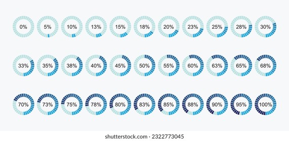Percentage pie circle infographics from 0 to 100. Percent 1 5 10 15 20 25 30 35 40 45 50 55 60 65 70 75 80 85 90 95 percent. Vector illustration. Number Blue Color svg