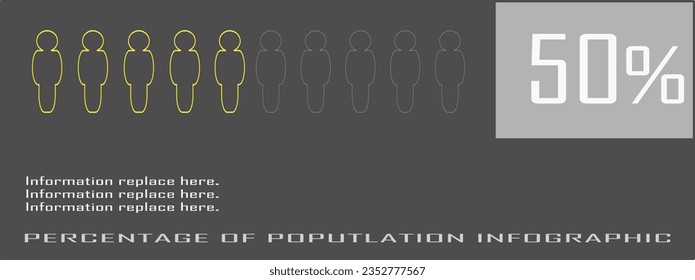 Percentage of the population, occupied, people demography, diagram, infographics, vote, election, survey concepts, element design. 50%. Yellow neon light style. 