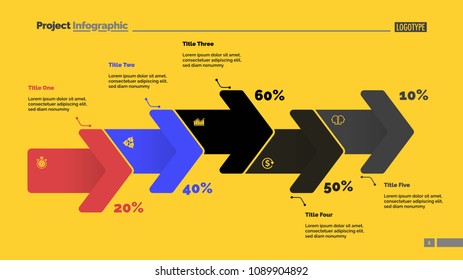 Percentage process chart with five arrows. Diagram, flow chart, slide template. Can be used for topics like management, analytics, statistics