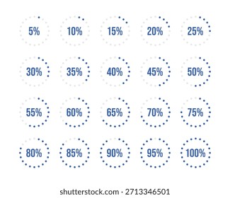 Círculos de progreso porcentual que van del 5% al 100% en incrementos del 5%, ideales para visualizar el progreso, la finalización o el análisis estadístico en gráficos de negocios y de datos