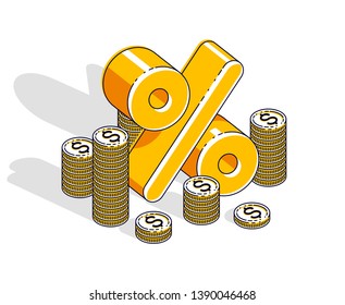 Percentage rate earnings income concept, percent dimensional symbol with cash money stack isolated on white background. Vector 3d isometric business and finance illustration, thin line design.