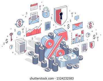 Percentage rate income profit concept, percent symbol with cash money stack isolated on white background. Isometric 3d vector finance illustration with icons, stats charts and design elements.