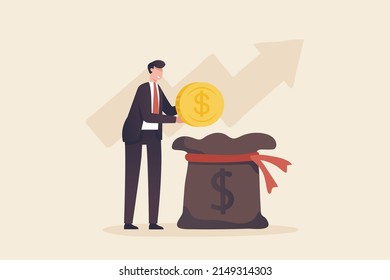 Percentage of Revenue Growth,  Financial Management return on investment Budget planning, mutual funds, pension savings accounts interest rate fundraising. 
Businessman put dollar cion in money bag.