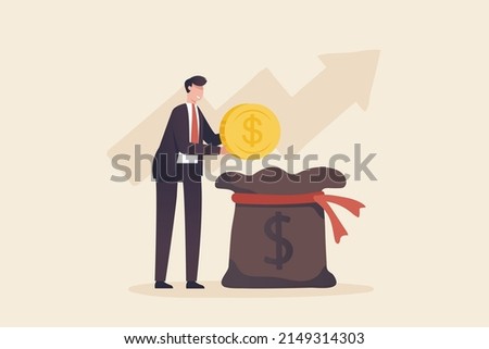 Percentage of Revenue Growth,  Financial Management return on investment Budget planning, mutual funds, pension savings accounts interest rate fundraising. Businessman put dollar cion in money bag.