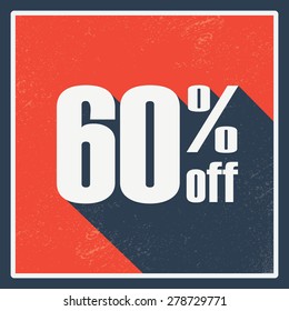 Percentage sales label with amount of discount. Vintage graphic design, long shadow. Red background. Eps10 vector illustration.