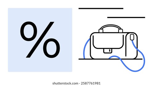 Percentage sign in blue square beside a briefcase with blue strap, linear design elements. Ideal for business, finance, investment, discount deals, professional services, corporate presentations