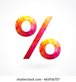 Percentage sign. Decorative red colour icon for discount, sale and other business. Isolated abstract graphic design template. Stained-glass rainbow colored texture Creative shopping stained decoration