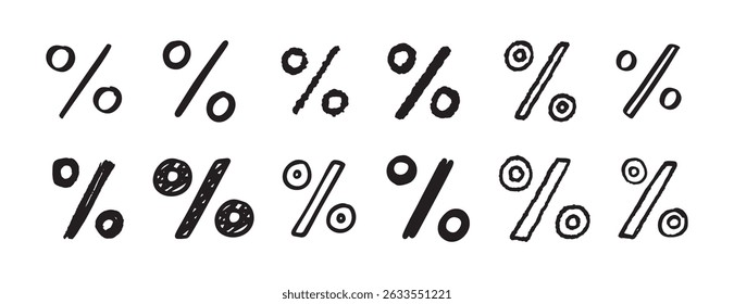 Conjunto de ícones desenhados à mão com sinal de porcentagem. Desenho de estrutura de tópicos Coleção de símbolos de clipart de linha de porcentagem. Ilustração vetorial