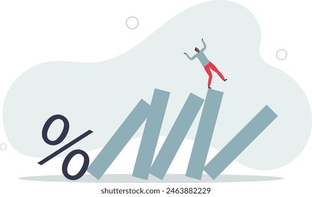 percentage sign fall to cause domino collapse causing businessman investor falling.flat vector illustration.