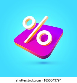 Percentage sign isolated vector icon. Percent symbol colorful 3d sticker on blue background