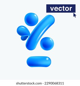 Percentage sign logo made of blue clear water and dew drops. 3D realistic plastic cartoon balloon style. Glossy vector illustration. Perfect for eco-friendly banners, vibrant emblem, healthy food art.