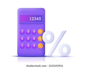 The percentage sign on the background of a calculator in a modern 3D style. Calculator and percentages are isolated on a white background. Vector illustration