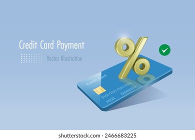 Percentage sign on credit card. Online shopping and payment. Financial marketing and interest fee promotion. for retail and commercial store. 3D vector.