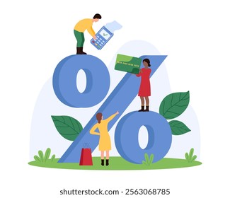 Percentage sign for retail store sale discounts, price reduction with bonus and promo coupon. Tiny people with credit card and POS terminal at big blue percent tag cartoon vector illustration