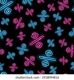 Percentage sign seamless pattern with blue and pink icons on black background. Sale, discount, benefit, business, financial concept. Night signboard style. Vector 10 EPS illustration.