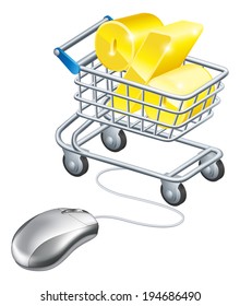 Percentage sign in a shopping trolley with computer mouse connected to it. Concept for shopping for best rates online for savings or credit card or similar