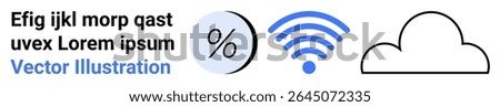 Percentage sign, wireless signal icon, and cloud outline. Ideal for tech presentations, data visualization, websites, infographics, educational content, user interfaces, and reports. Landing page