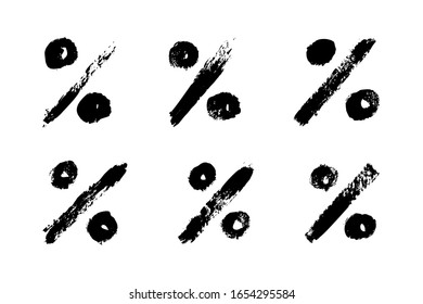 Percentage signs of ink brushstrokes. Vector grunge punctuation mark for blog, social media, logo, internet application, print. Hand draw icons isolated on white background