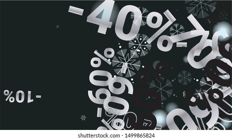 Percentage Signs on Dark Background. Black Poster with Silver Percent Signs and Snowflakes. Vector Discount Sale Background.