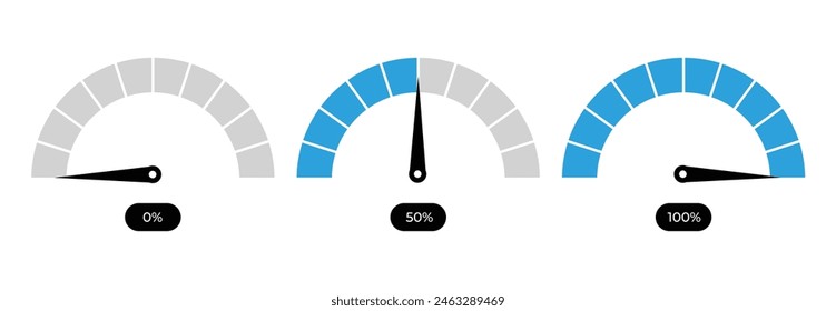 Percentage Speedometers icon set illustration eps. Percentage meter gauge element. Speedometer icon set or percentage loading bar