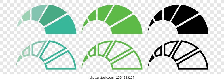 Percentage Speedometers icon set. Speedometer, tachometer icon set. Speed gauge icon. Performance indicator sign. Risk indicator. Vector illustration. 