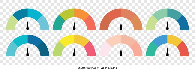 Ícone de Percentual de Velocímetros definido. Velocímetro, ícone do tacômetro ajustado. Ícone de medidor de velocidade. Sinal do indicador de desempenho. Indicador de risco. Ilustração vetorial. 