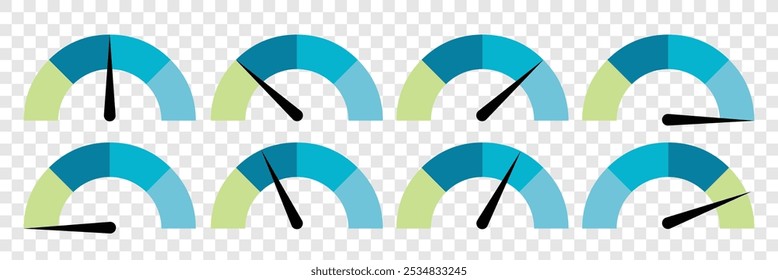 Symbolsatz für die Geschwindigkeitsmesser in Prozent. Tachometer, Tachometersymbol. Symbol für die Geschwindigkeitsanzeige. Leistungsindikatorzeichen Risikoindikator. Vektorgrafik. 