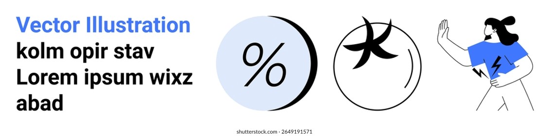 Percentage symbol and abstract figure against blue circle, woman with flowing hair and blue shirt making a dynamic gesture. Ideal for financial, educational, promotional, corporate, web design