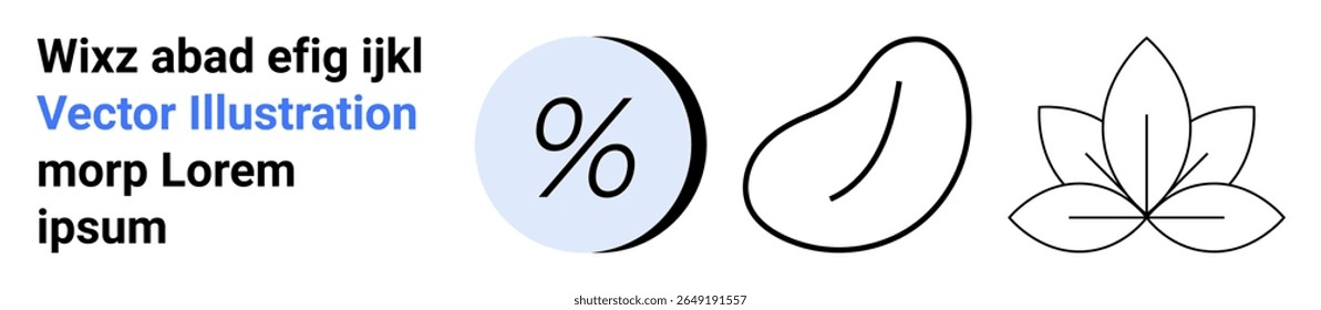 Percentage symbol in blue circle, bean shape, and lotus flower outline. Ideal for finance, wellness, health, organic products, nature themes, food, educational purposes. Landing page