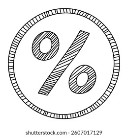 Percentage symbol in circle vector illustration. Hand-drawn percent sign icon in doodle style. Black line art isolated on white background.