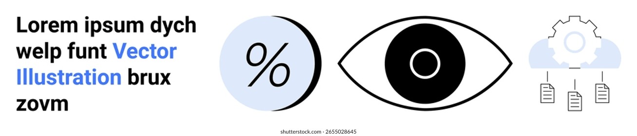 Símbolo de porcentaje, ojo, engranaje con símbolos de documento. Ideal para blogs tecnológicos, informes financieros, visualización de datos, diseños de UX, materiales educativos, infografías, encabezados de Sitio web. Página de destino