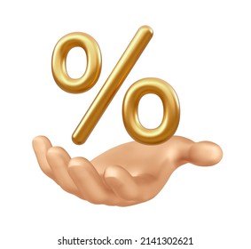 Percentage symbol in hand. Golden percent icon isolated on transparent background. Percentage, discount concept. Realistic 3D vector illustration.